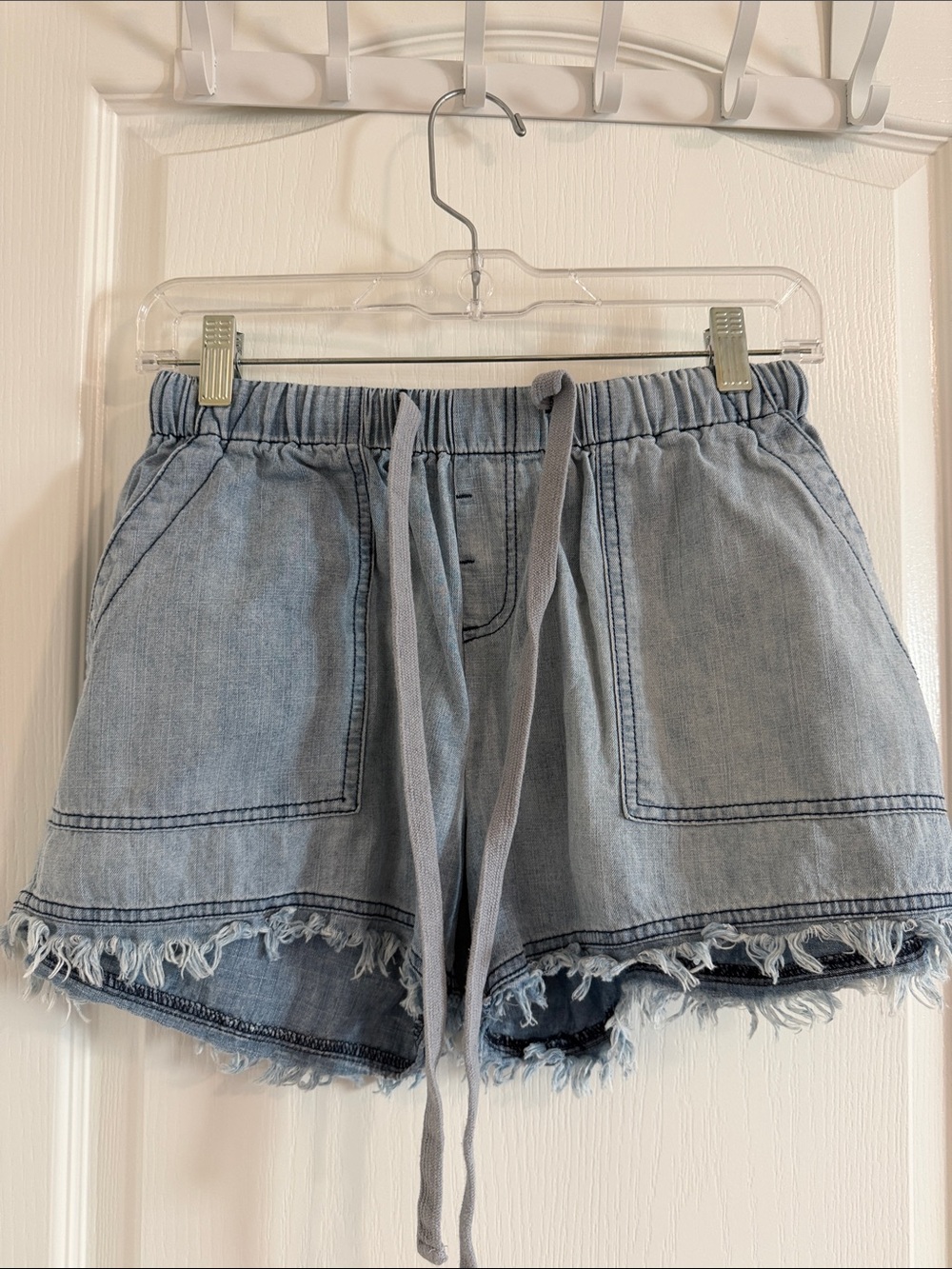 Vici Light Blue Denim Drawstring Frayed Hem Shorts